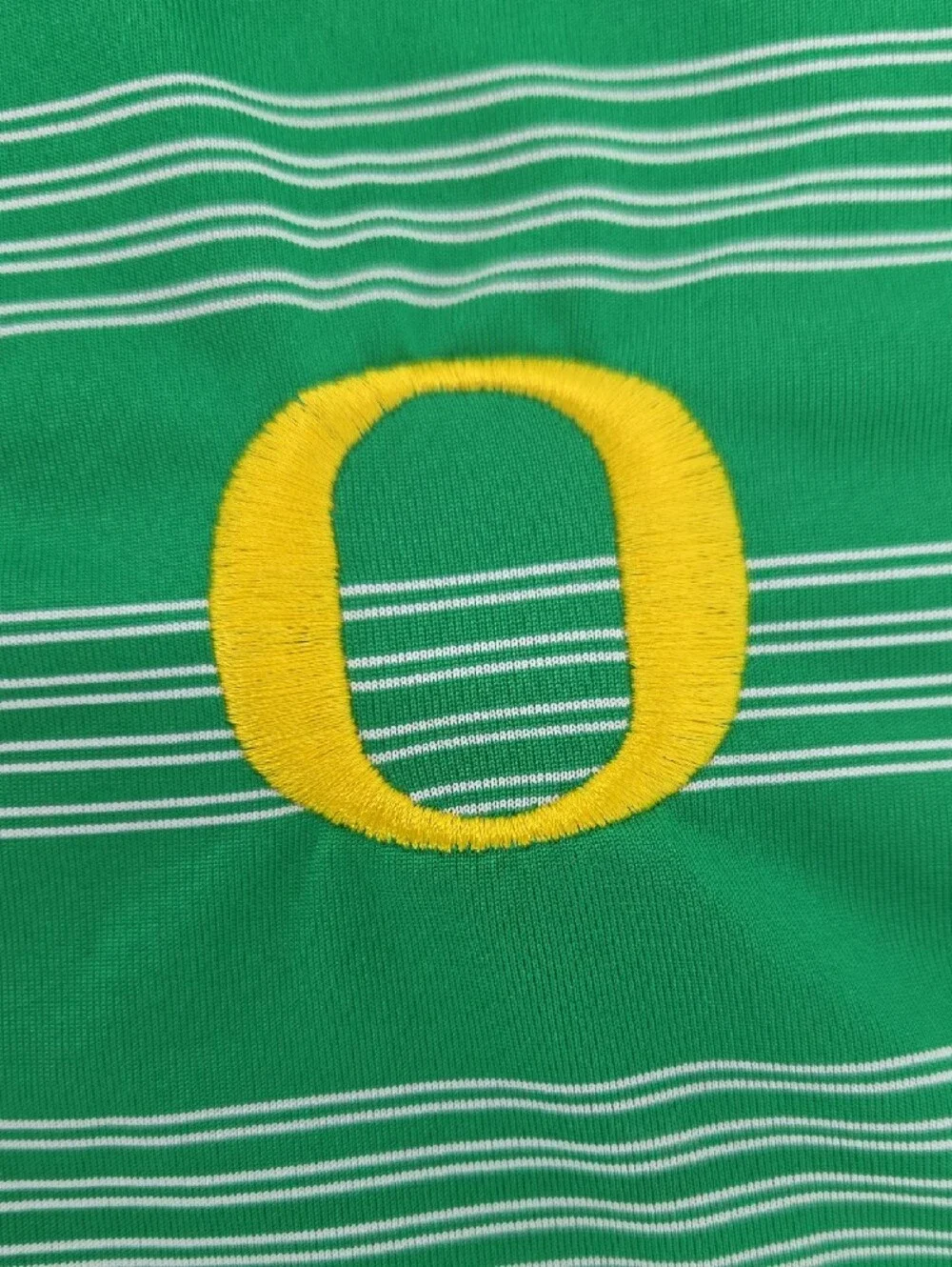 Nike Women's Green Striped Golf Polo with Yellow Oregon DUCKS